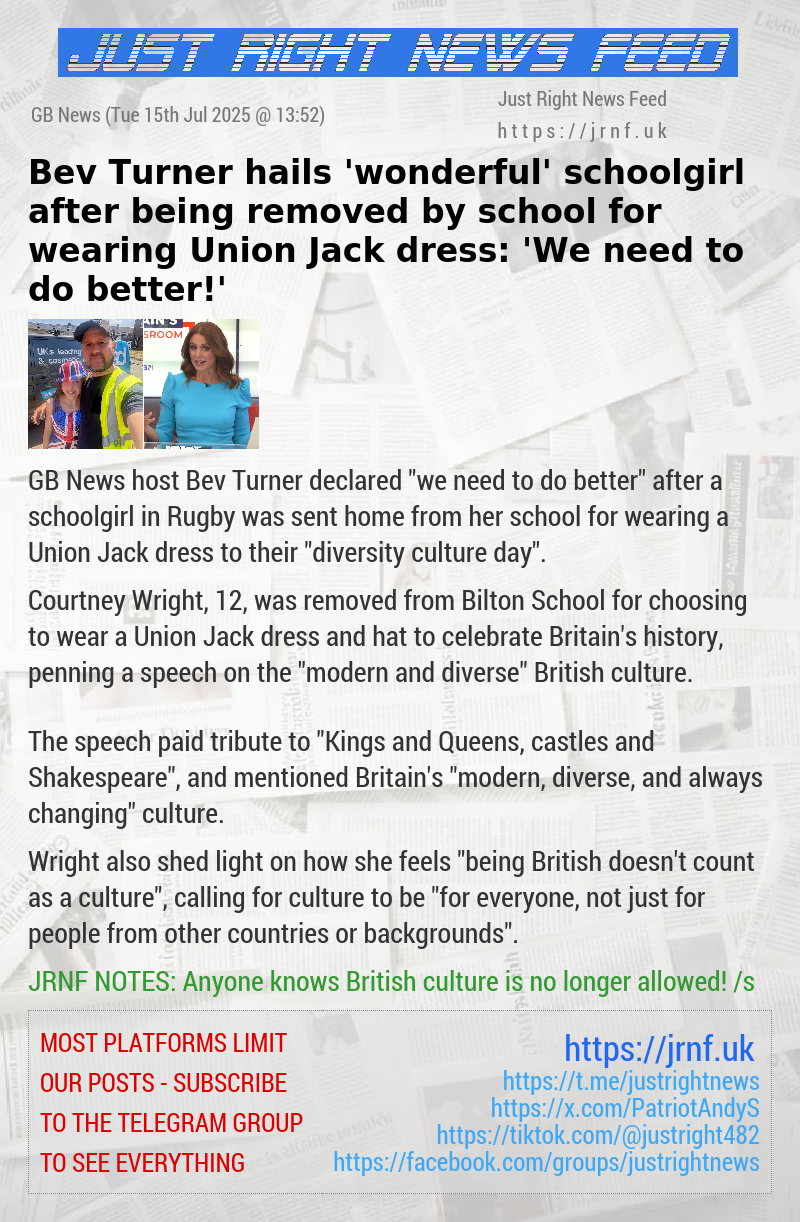 Bev Turner hails ’wonderful’ schoolgirl after being removed by school for wearing Union Jack dress: ’We need to do better!’