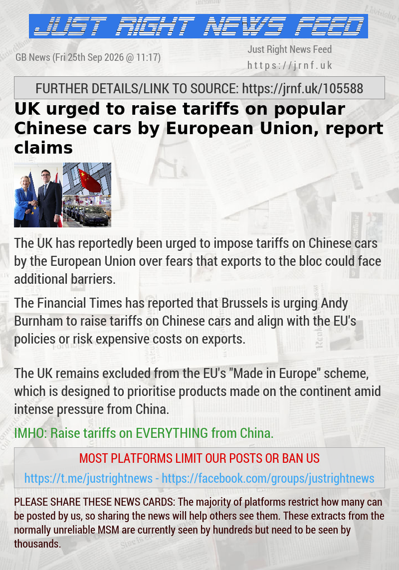 UK urged to raise tariffs on popular Chinese cars by European Union, report claims