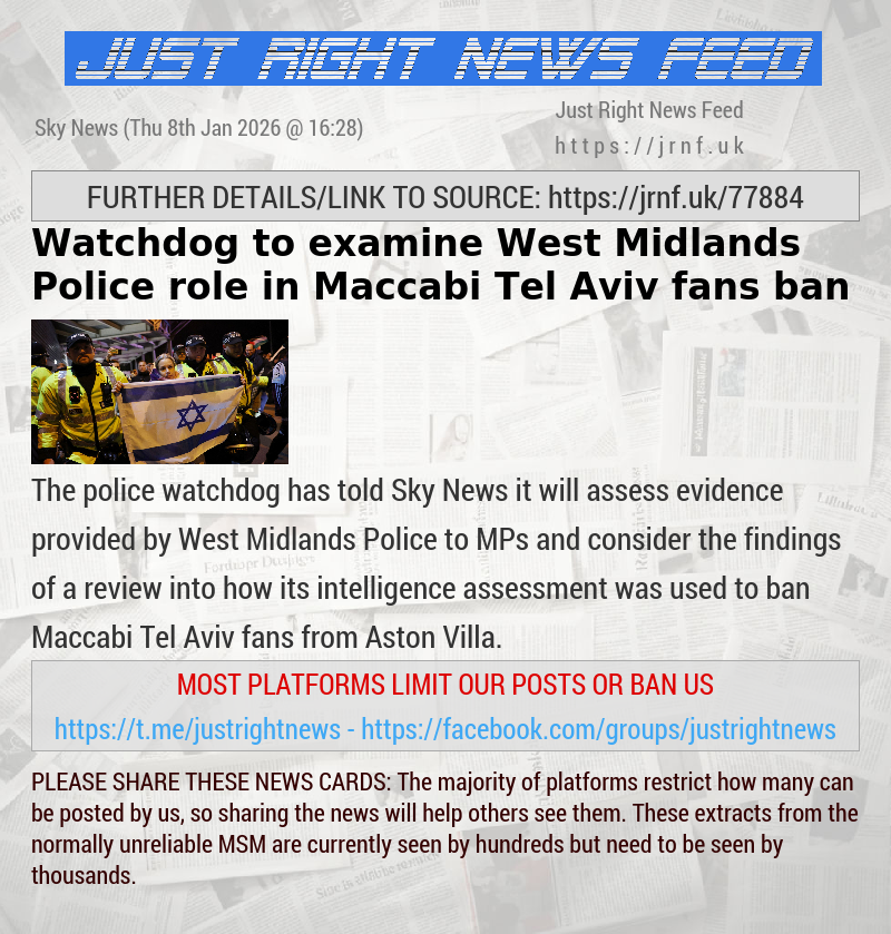 Watchdog to examine West Midlands Police role in Maccabi Tel Aviv fans ban