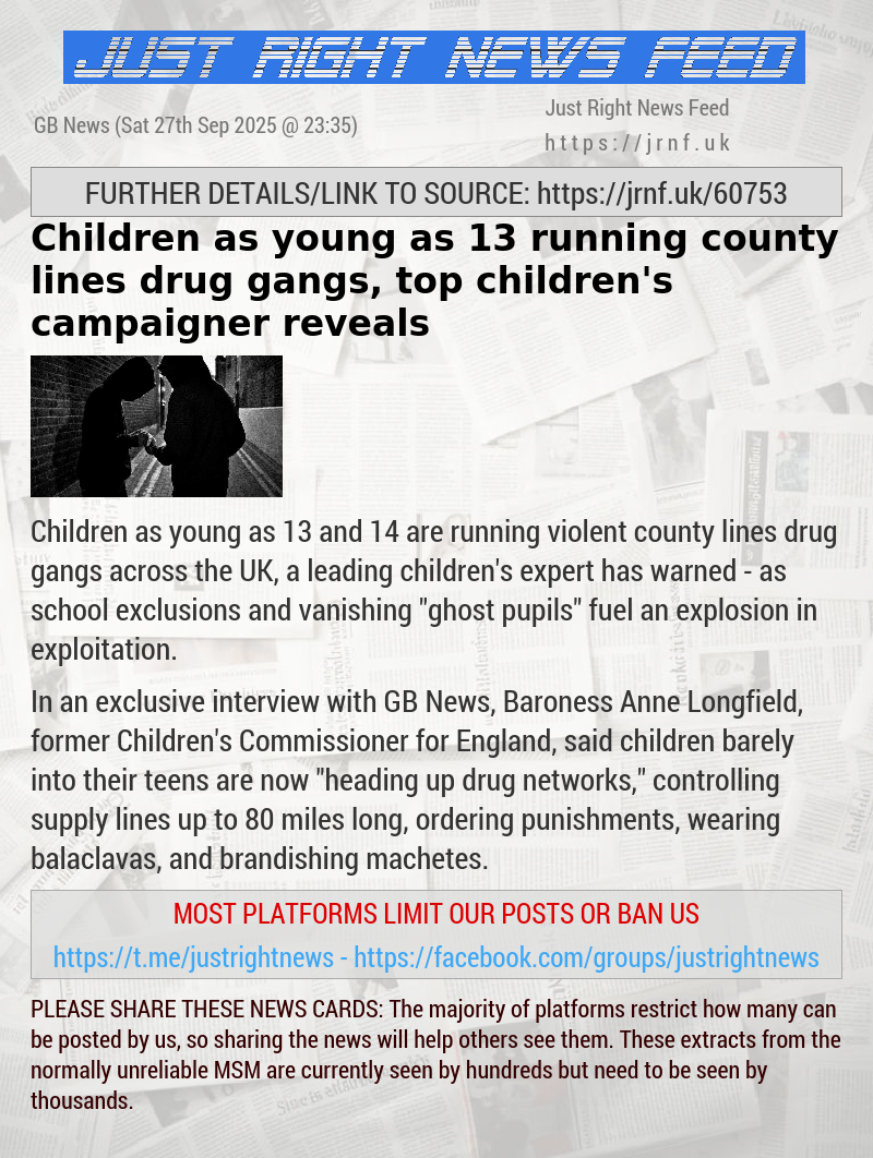 Children as young as 13 running county lines drug gangs, top children’s campaigner reveals