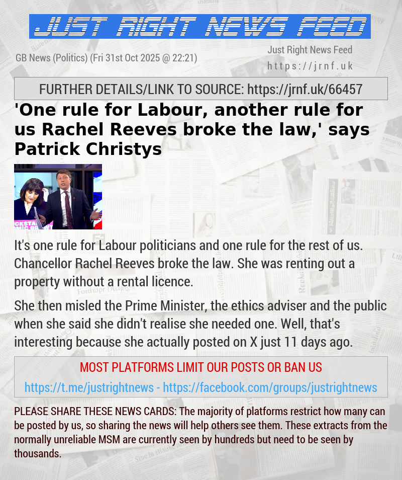 ’One rule for Labour, another rule for us — Rachel Reeves broke the law,’ says Patrick Christys