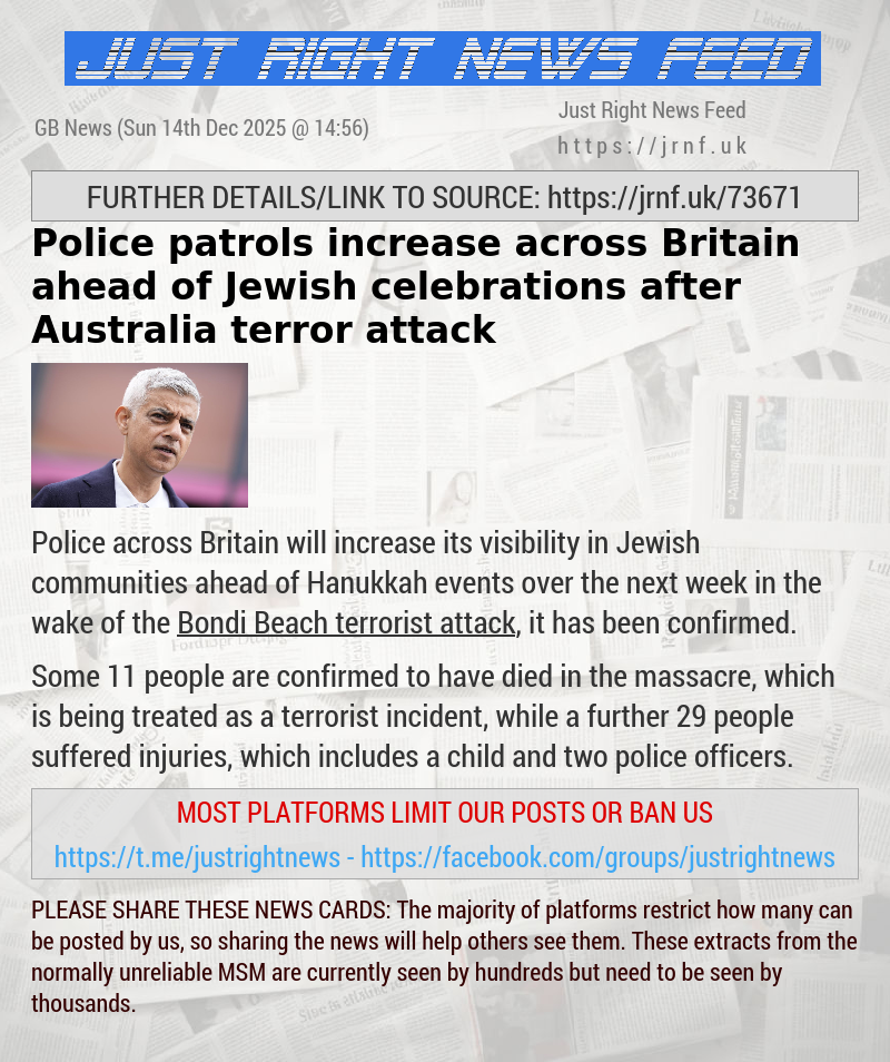 Police patrols increase across Britain ahead of Jewish celebrations after Australia terror attack