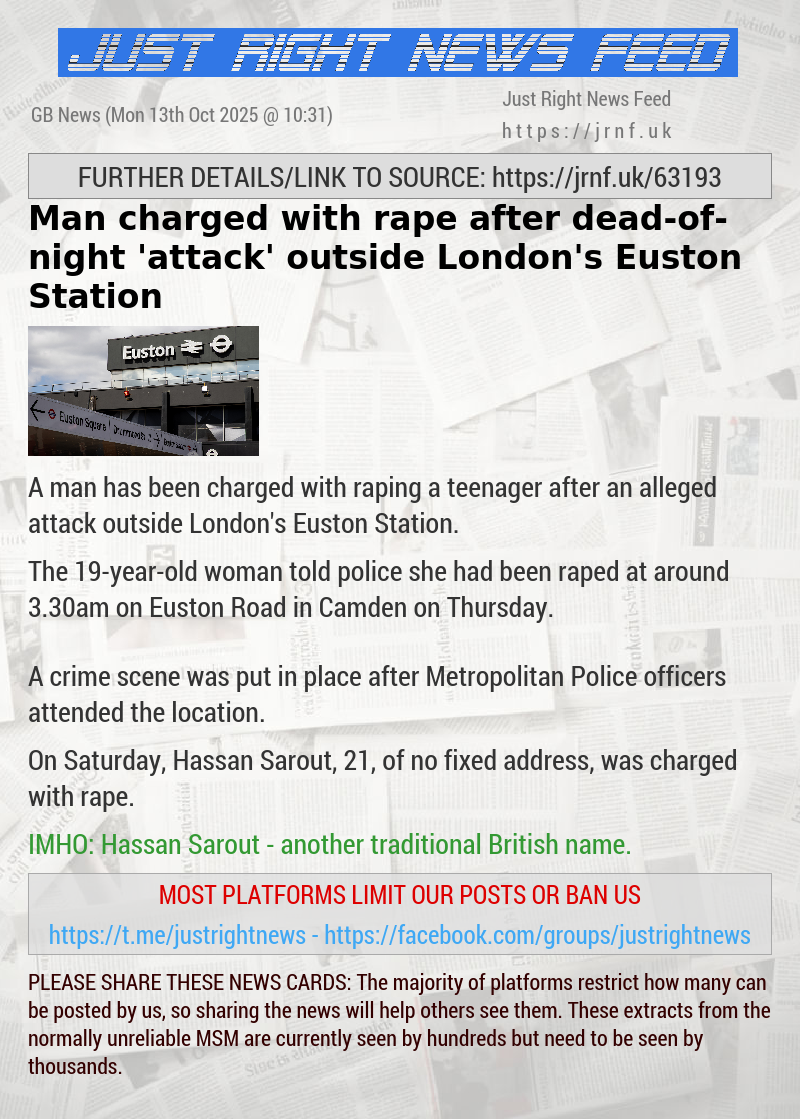 Man charged with rape after dead—of—night ’attack’ outside London’s Euston Station