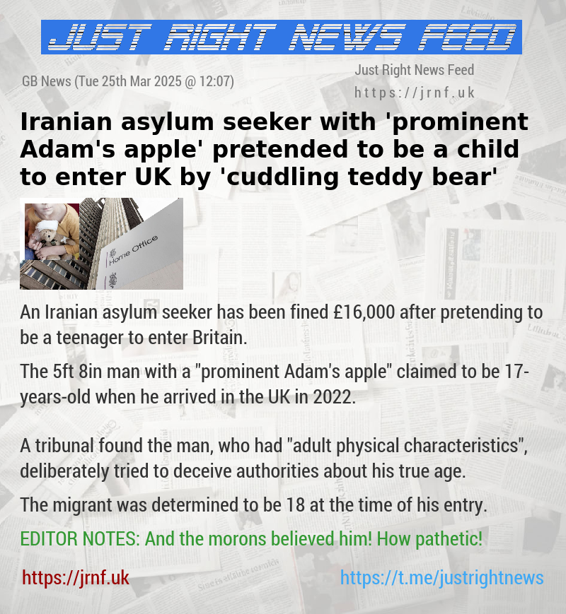 Iranian asylum seeker with ’prominent Adam’s apple’ pretended to be a child to enter UK by ’cuddling teddy bear’