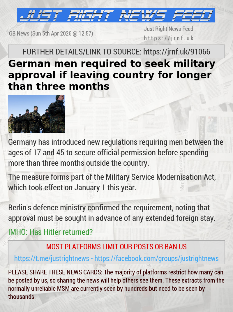 German men required to seek military approval if leaving country for longer than three months