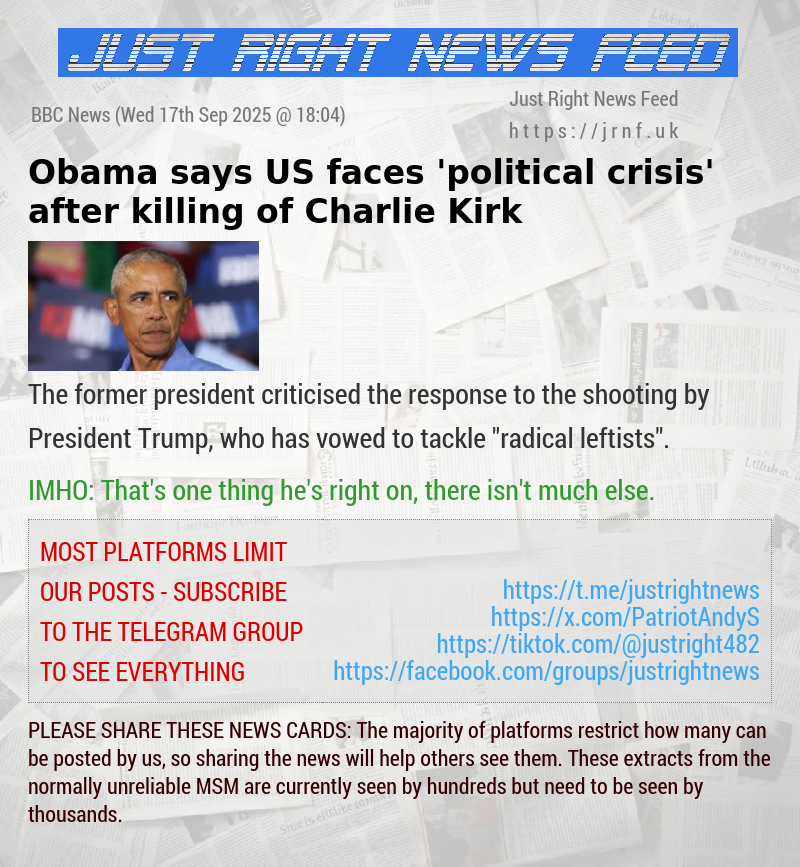 Obama says US faces ’political crisis’ after killing of Charlie Kirk