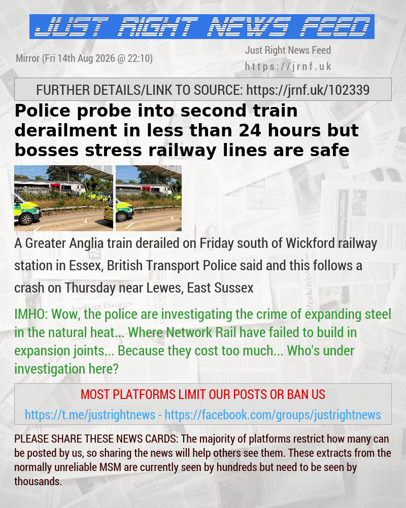 Police probe into second train derailment in less than 24 hours but bosses stress railway lines are safe