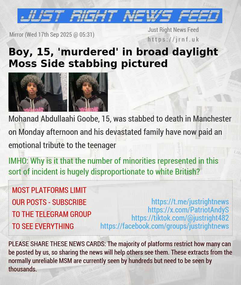 Boy, 15, ’murdered’ in broad daylight Moss Side stabbing pictured