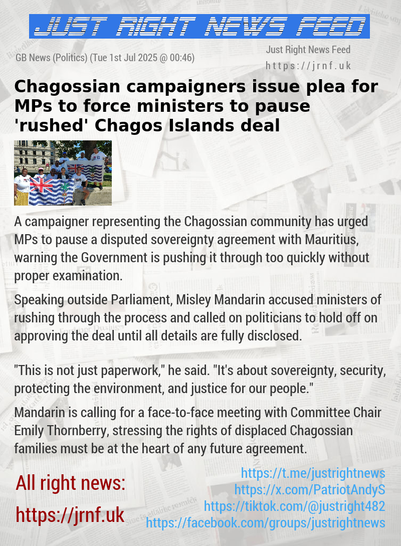 Chagossian campaigners issue plea for MPs to force ministers to pause rushed Chagos Islands deal