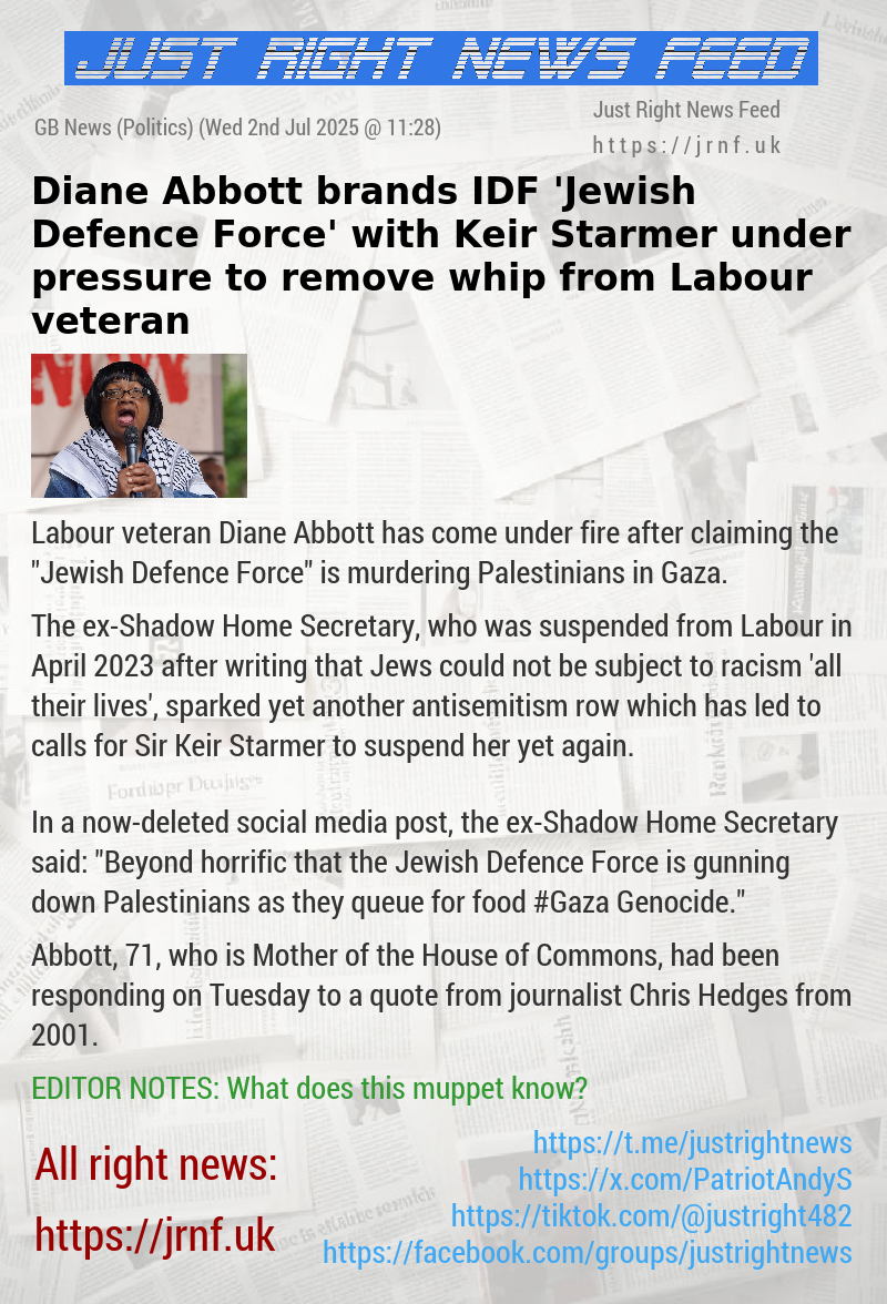 Diane Abbott brands IDF ’Jewish Defence Force’ with Keir Starmer under pressure to remove whip from Labour veteran