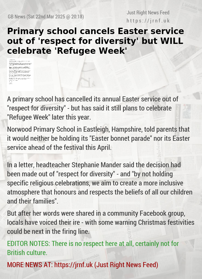 Primary school cancels Easter service out of ’respect for diversity’ — but WILL celebrate ’Refugee Week’