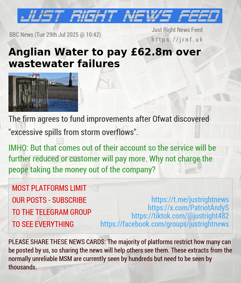 Anglian Water to pay £62.8m over wastewater failures