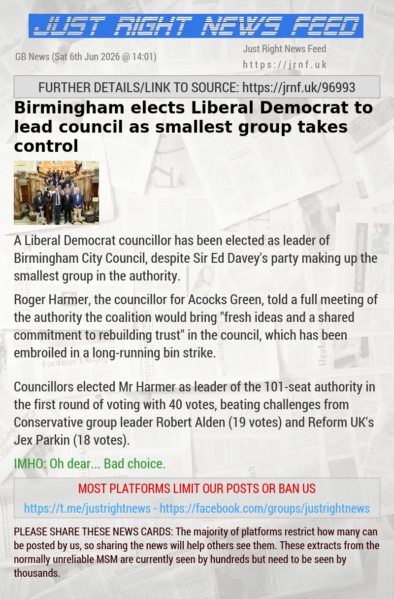 Birmingham elects Liberal Democrat to lead council as smallest group takes control